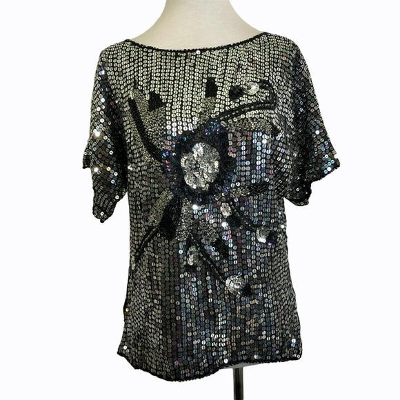 Vintage Laurence Kazar Sequined Top Black Silk - Picture 1 of 9